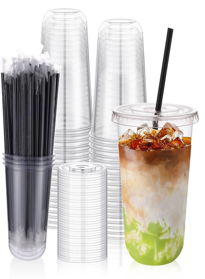 tchrules 50 Set 16oz Clear Plastic Cups with Lids & Straws, Disposable Iced Coffee Cup with Lid, Round Bottom To Go Cups for Cold Drinks Slushie Smoothie Lemonade Soda Bar Party Cafe Shop Supplies - Image 1